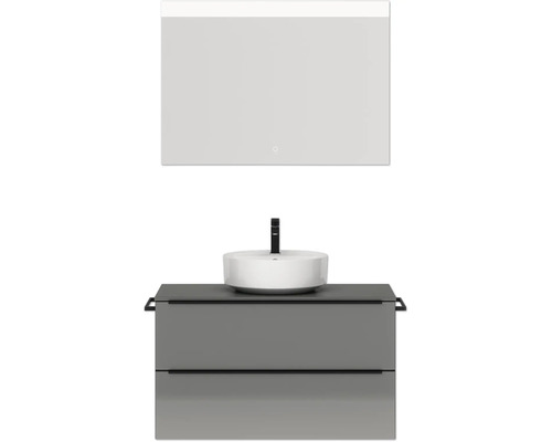 Badmöbel-Set NOBILIA Programm 3 BxHxT 101 x 169,1 x 48,7 cm Frontfarbe grau hochglanz mit Aufsatz-Waschtisch weiß und Spiegel mit LED-Beleuchtung Griffleiste schwarz 445 Badezimmermöbel-Set mit Aufsatzwaschbecken, Waschtisch und Spiegel