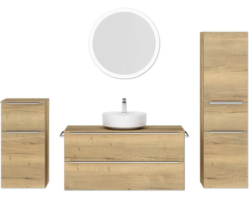 Badmöbel-Set NOBILIA Programm 3 BxHxT 230 x 169,1 x 48,7 cm Frontfarbe eiche natur mit Aufsatz-Waschtisch weiß und Spiegel rund mit LED-Beleuchtung Midischrank Unterschrank Griffleiste chrom matt 542 Badezimmerensemble mit Waschtisch, Spiegel und Schränken in Holzoptik
