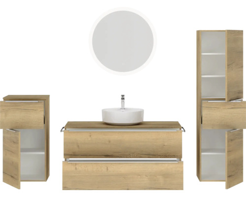 Badezimmer-Set mit Waschbecken, Unterschrank, Spiegelschrank und Hochschrank