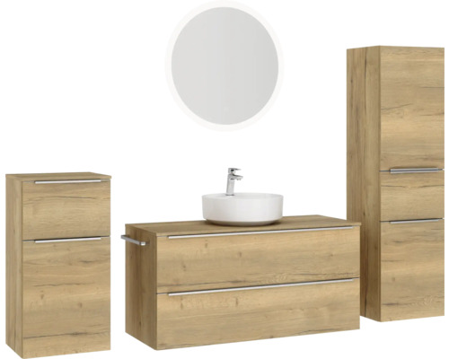 Badezimmer-Set mit Waschtischunterschrank, Aufsatzwaschbecken, Spiegelschrank und Hochschrank