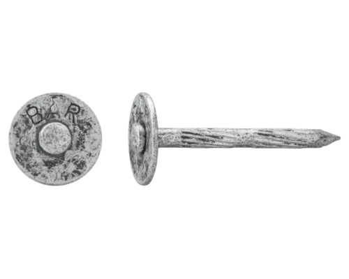 Zwei Ansichten eines Stahlnagels mit gerändeltem Schaft und flachem Kopf