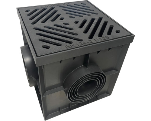 Hofsinkkasten mit Rost 300 mm x 300 mm x 300 mm Aufsicht einer Hofablaufbox mit Gitterrost und Anschlussstutzen