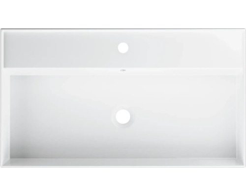 Aufsicht eines weißen Waschbeckens mit Hahnloch und Überlauf