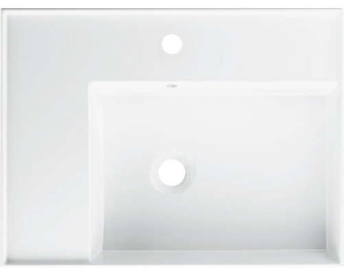 Aufsicht auf ein Waschbecken mit Hahnloch und Überlauf