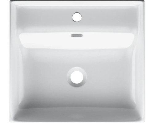 Aufsicht eines weißen Keramikwaschbeckens mit Hahnloch und Überlauf