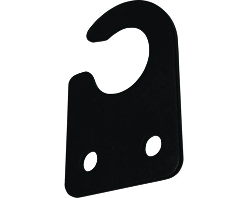 Schwarze Hängevorrichtung mit Haken und zwei Befestigungslöchern.