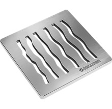 Quadratischer Bodenablauf aus Metall mit wellenförmigem Schlitzmuster und Ballmaier Logo