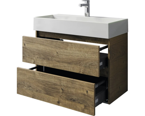 Waschtischunterschrank mit zwei offenen Schubladen und rechteckigem Waschbecken