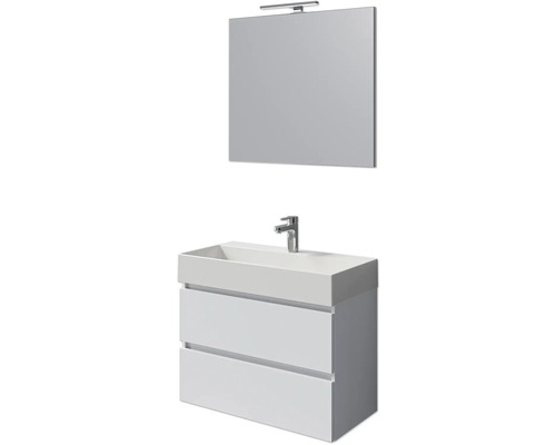Badmöbel-Set Pelipal Torino BxHxT 200 x 40 x 40 cm Frontfarbe weiß hochglanz Badmöbelset 4-teilig mit Waschtisch Keramik weiß und Keramik-Waschtisch Waschtischunterschrank Spiegel mit LED-Beleuchtung Waschtisch mit zwei Schubladen, Aufsatzwaschbecken, Spiegel und Lampe