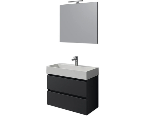 Badmöbel-Set Pelipal Torino BxHxT 200 x 40 x 40 cm Frontfarbe schwarz matt Badmöbelset 4-teilig mit Waschtisch Keramik weiß und Keramik-Waschtisch Waschtischunterschrank Spiegel mit LED-Beleuchtung Waschtisch mit zwei Schubladen, Aufsatzwaschbecken und Spiegel mit Lampe