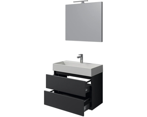 Waschtischkombination mit Waschbecken, zwei Schubladen, Armatur und Spiegel mit Beleuchtung