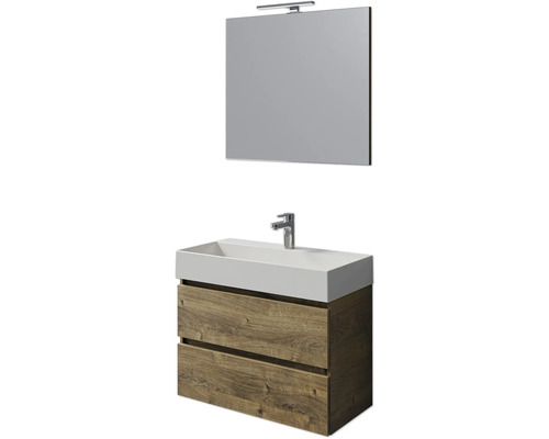 Badmöbel-Set Pelipal Torino BxHxT 200 x 40 x 40 cm Frontfarbe eiche ribbeck Badmöbelset 4-teilig mit Waschtisch Keramik weiß und Keramik-Waschtisch Waschtischunterschrank Spiegel mit LED-Beleuchtung Waschtischkombination mit Spiegel und Beleuchtung für das Badezimmer