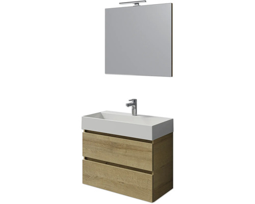 Badmöbel-Set Pelipal Torino BxHxT 200 x 40 x 40 cm Frontfarbe eiche riviera Badmöbelset 4-teilig mit Waschtisch Keramik weiß und Keramik-Waschtisch Waschtischunterschrank Spiegel mit LED-Beleuchtung Badezimmermöbel-Set mit Waschbeckenunterschrank, Waschtisch und Spiegel