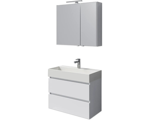 Badmöbel-Set Pelipal Torino BxHxT 200 x 40 x 40 cm Frontfarbe weiß hochglanz Badmöbelset 5-teilig und mehr mit Waschtisch Keramik weiß und Keramik-Waschtisch Waschtischunterschrank Spiegelschrank mit LED-Beleuchtung Badezimmer-Set mit Waschbeckenunterschrank, Waschbecken und Spiegelschrank