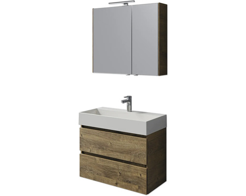 Badmöbel-Set Pelipal Torino BxHxT 200 x 40 x 40 cm Frontfarbe eiche ribbeck Badmöbelset 5-teilig und mehr mit Waschtisch Keramik weiß und Keramik-Waschtisch Waschtischunterschrank Spiegelschrank mit LED-Beleuchtung Badezimmer-Set mit Waschtischunterschrank, Waschbecken und Spiegelschrank