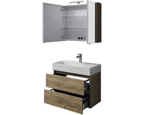 Waschtischkombination mit Spiegelschrank, Unterschrank mit zwei Schubladen und Keramikwaschbecken