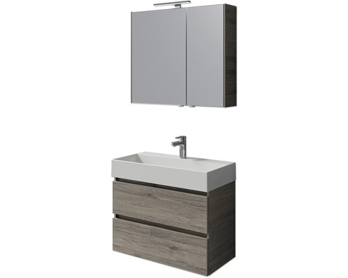 Badmöbel-Set Pelipal Torino BxHxT 200 x 40 x 40 cm Frontfarbe eiche sanremo Badmöbelset 5-teilig und mehr mit Waschtisch Keramik weiß und Keramik-Waschtisch Waschtischunterschrank Spiegelschrank mit LED-Beleuchtung Badezimmerensemble mit Waschbeckenunterschrank, Waschbecken und Spiegelschrank