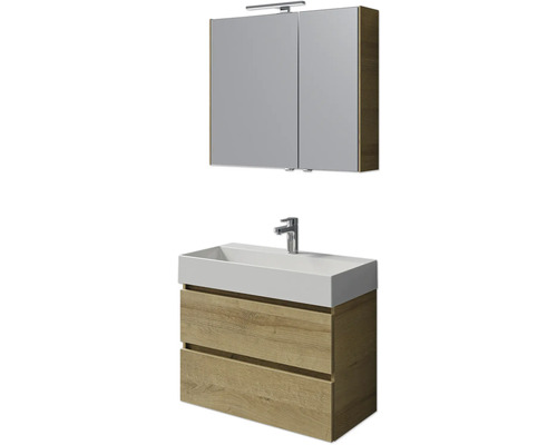 Badmöbel-Set Pelipal Torino BxHxT 200 x 40 x 40 cm Frontfarbe eiche riviera Badmöbelset 5-teilig und mehr mit Waschtisch Keramik weiß und Keramik-Waschtisch Waschtischunterschrank Spiegelschrank mit LED-Beleuchtung Badezimmer Waschtischkombination mit Spiegelschrank und Unterschrank