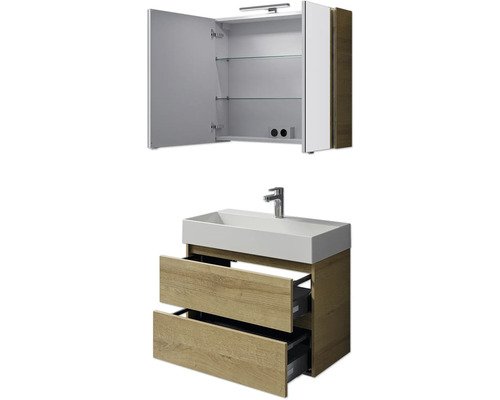Waschbeckenunterschrank mit zwei Schubladen und Spiegelschrank mit offenen Fächern für das Badezimmer