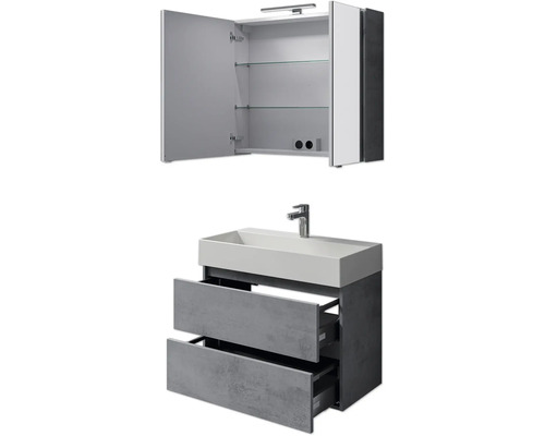 Waschbeckenunterschrank mit zwei Schubladen und Spiegelschrank mit geöffneter Tür und Regalen