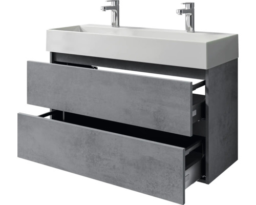 Waschtisch mit zwei Waschbecken, zwei Schubladen und Betonoptik