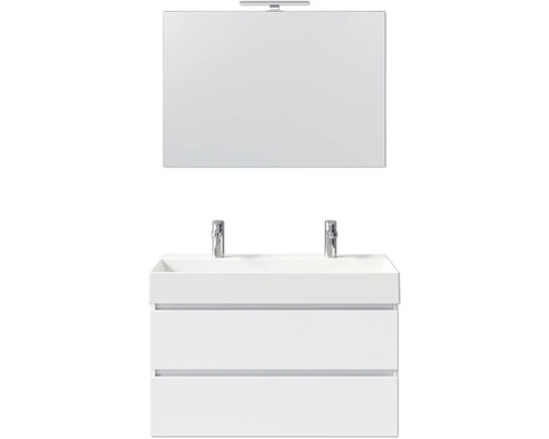 Waschtisch mit zwei Schubladen, Aufsatzbecken, zwei Armaturen und rechteckigem Spiegel mit Lampe