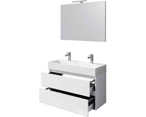 Modernes Badezimmer-Set mit Doppelwaschbecken, Unterschrank mit zwei Schubladen und Spiegel mit Beleuchtung