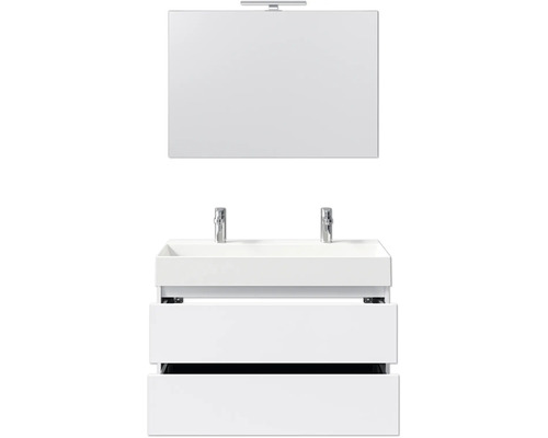 Waschtisch mit Spiegel, zwei Waschbecken und Schubladen für das Badezimmer.