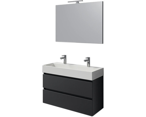 Badmöbel-Set Pelipal Torino BxHxT 200 x 40 x 40 cm Frontfarbe schwarz matt Badmöbelset 4-teilig mit Waschtisch Keramik weiß und Keramik-Doppelwaschtisch Waschtischunterschrank Spiegel mit LED-Beleuchtung