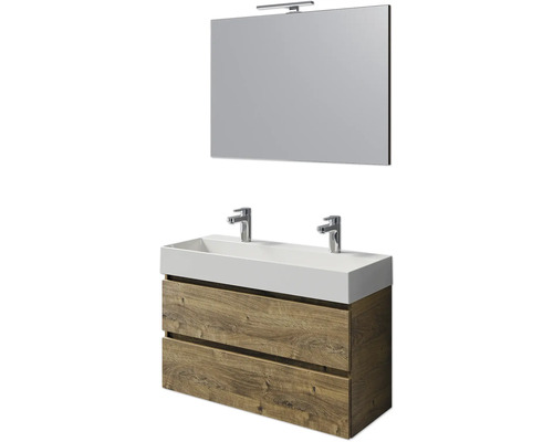 Badmöbelset 4-teilig Pelipal Torino BxHxT 101 x 200 x 40 cm Frontfarbe eiche ribbeck mit Waschtisch Keramik weiß und Keramik-Doppelwaschtisch Waschtischunterschrank Spiegel mit LED-Beleuchtung SET-125-027 Waschtisch mit zwei Schubladen, Aufsatzwaschbecken und Spiegel mit Lampe