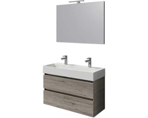 Badmöbelset 4-teilig Pelipal Torino BxHxT 101 x 200 x 40 cm Frontfarbe eiche sanremo mit Waschtisch Keramik weiß und Keramik-Doppelwaschtisch Waschtischunterschrank Spiegel mit LED-Beleuchtung SET-125-028 Waschtischkombination mit Spiegel und Beleuchtung