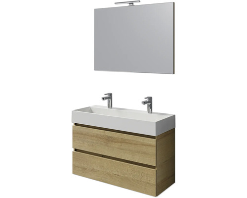 Badmöbelset 4-teilig Pelipal Torino BxHxT 101 x 200 x 40 cm Frontfarbe eiche riviera mit Waschtisch Keramik weiß und Keramik-Doppelwaschtisch Waschtischunterschrank Spiegel mit LED-Beleuchtung SET-125-029 Doppelwaschtisch mit Unterschrank und Spiegel mit Beleuchtung für das Badezimmer