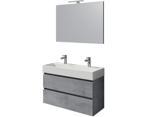 Badmöbelset 4-teilig Pelipal Torino BxHxT 101 x 200 x 40 cm Frontfarbe oxid dunkelgrau mit Waschtisch Keramik weiß und Keramik-Doppelwaschtisch Waschtischunterschrank Spiegel mit LED-Beleuchtung SET-125-030 Waschtischkombination mit zwei Schubladen, Aufsatzwaschbecken und Spiegel mit Lampe