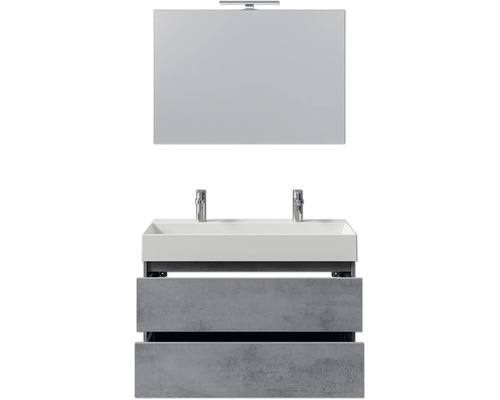 Waschtischkombination mit zwei Waschbecken, Unterschrank und Spiegel für das Badezimmer