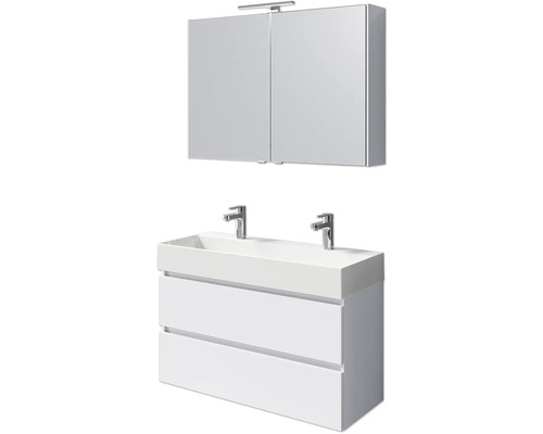 Badmöbelset 5-teilig und mehr Pelipal Torino BxHxT 101 x 200 x 40 cm Frontfarbe weiß hochglanz mit Waschtisch Keramik weiß und Keramik-Doppelwaschtisch Waschtischunterschrank Spiegelschrank mit LED-Beleuchtung SET-125-031 Waschtischunterschrank mit zwei Schubladen und Spiegelschrank mit Beleuchtung für das Badezimmer