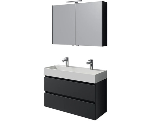 Badmöbelset 5-teilig und mehr Pelipal Torino BxHxT 101 x 200 x 40 cm Frontfarbe schwarz matt mit Waschtisch Keramik weiß und Keramik-Doppelwaschtisch Waschtischunterschrank Spiegelschrank mit LED-Beleuchtung SET-125-032 Badezimmer Waschtischkombination mit Spiegelschrank und zwei Waschbecken