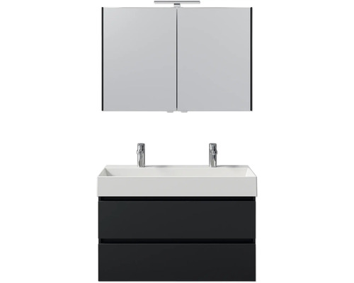 Waschtischkombination mit Spiegelschrank und zwei Waschbecken