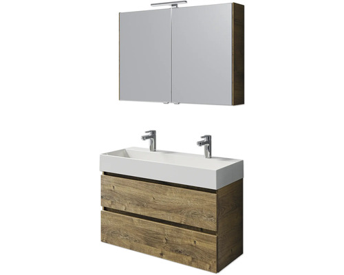 Badmöbelset 5-teilig und mehr Pelipal Torino BxHxT 101 x 200 x 40 cm Frontfarbe eiche ribbeck mit Waschtisch Keramik weiß und Keramik-Doppelwaschtisch Waschtischunterschrank Spiegelschrank mit LED-Beleuchtung SET-125-033 Waschtisch mit Unterschrank und Spiegelschrank für das Badezimmer