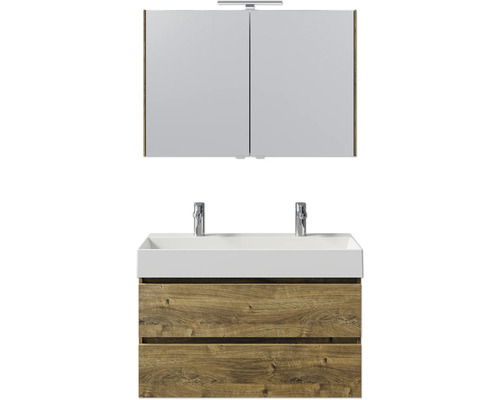 Waschtisch mit zwei Waschbecken, Unterschrank und Spiegelschrank für das Badezimmer