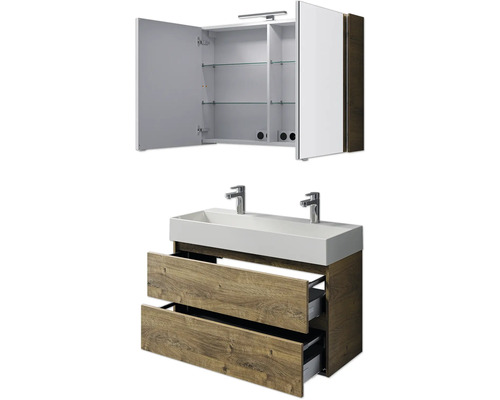 Waschbeckenunterschrank mit zwei Becken, zwei Schubladen und Spiegelschrank mit drei Türen