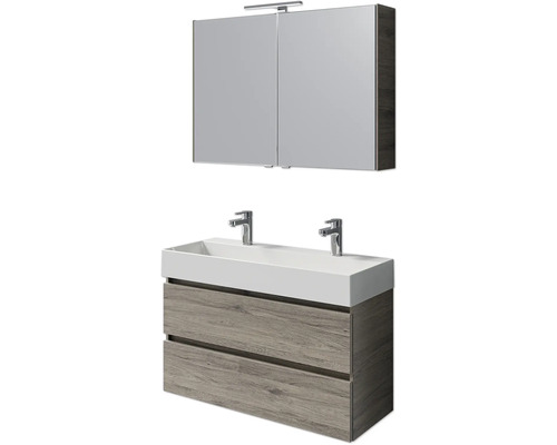 Badmöbelset 5-teilig und mehr Pelipal Torino BxHxT 101 x 200 x 40 cm Frontfarbe eiche sanremo mit Waschtisch Keramik weiß und Keramik-Doppelwaschtisch Waschtischunterschrank Spiegelschrank mit LED-Beleuchtung SET-125-034 Badezimmermöbelset mit Waschtischunterschrank, Waschbecken und Spiegelschrank