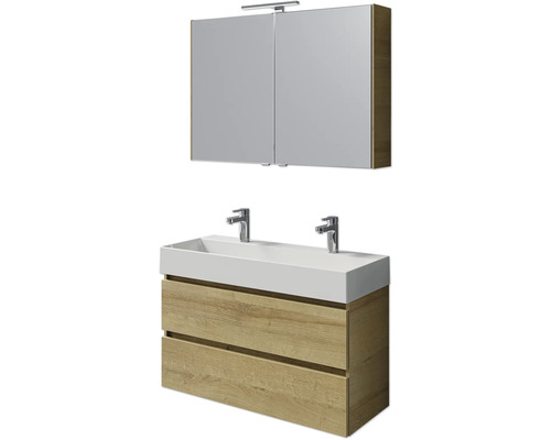 Badmöbelset 5-teilig und mehr Pelipal Torino BxHxT 101 x 200 x 40 cm Frontfarbe eiche riviera mit Waschtisch Keramik weiß und Keramik-Doppelwaschtisch Waschtischunterschrank Spiegelschrank mit LED-Beleuchtung SET-125-035 Badezimmermöbel-Set mit Waschtischunterschrank, Doppelwaschtisch und Spiegelschrank
