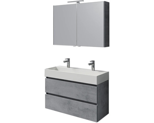 Badmöbelset 5-teilig und mehr Pelipal Torino BxHxT 101 x 200 x 40 cm Frontfarbe oxid dunkelgrau mit Waschtisch Keramik weiß und Keramik-Doppelwaschtisch Waschtischunterschrank Spiegelschrank mit LED-Beleuchtung SET-125-036 Badezimmermöbelset mit Waschtischunterschrank, Waschbecken und Spiegelschrank