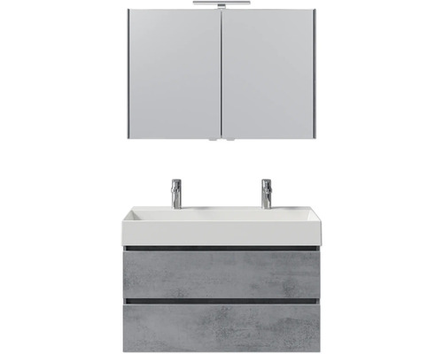 Waschtisch mit zwei Waschbecken, zwei Schubladen und Spiegelschrank