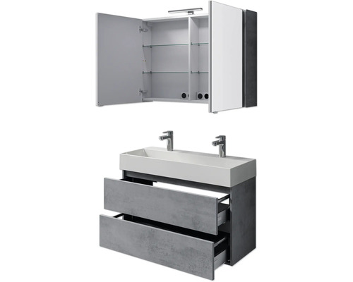 Waschtischunterschrank mit zwei Schubladen und Spiegelschrank mit offenen Türen und Glasböden