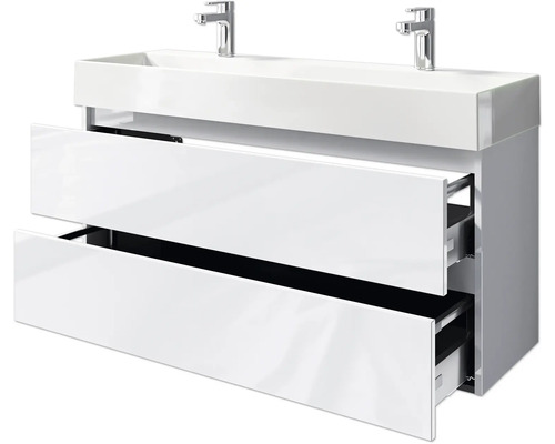 Waschtischunterschrank mit zwei Waschbecken und offenen Schubladen