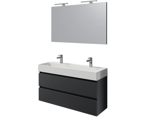 Badmöbelset 4-teilig Pelipal Torino BxHxT 121 x 200 x 40 cm Frontfarbe schwarz matt mit Waschtisch Keramik weiß und Keramik-Doppelwaschtisch Waschtischunterschrank Spiegel mit LED-Beleuchtung SET-125-044 Waschtisch mit zwei Schubladen, Aufsatzbecken, Spiegel und zwei Lampen für das Badezimmer