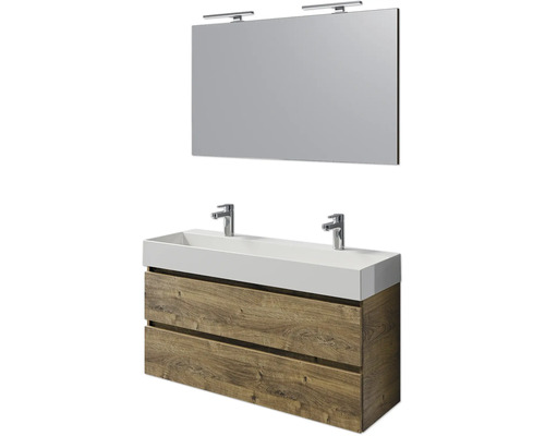 Badmöbelset 4-teilig Pelipal Torino BxHxT 121 x 200 x 40 cm Frontfarbe eiche ribbeck mit Waschtisch Keramik weiß und Keramik-Doppelwaschtisch Waschtischunterschrank Spiegel mit LED-Beleuchtung SET-125-045 Badezimmerset mit Waschbeckenunterschrank, Doppelwaschbecken, Spiegel und zwei Lampen