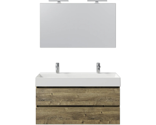 Waschtischkombination mit Spiegel, Waschbecken und Unterschrank mit zwei Schubladen im Holzdekor