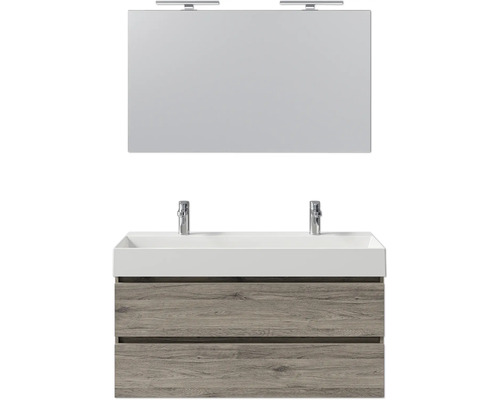 Waschtisch mit zwei Waschbecken, zwei Schubladen und Spiegel